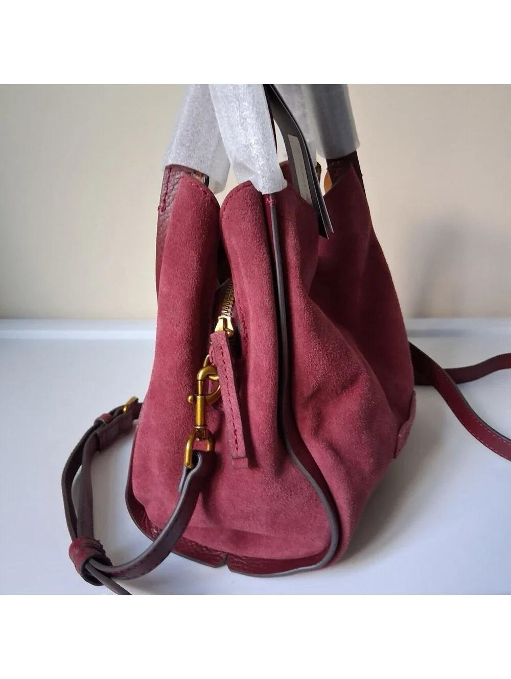 American Leather Co. Auburn Convertible Crossbody Satchel Dark Cherry Suede NWT
